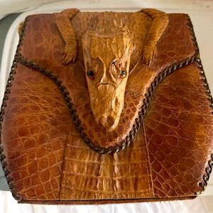 vintage Cognac Croc-Embossed Leather Purse Bag brown